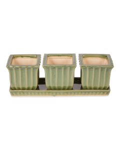 GREEN SQUARE CERAMIC SMALL PLANTER SET OF 3